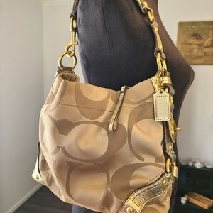 Coach Gold/Tan Monogram Signature Canvas Shoulder Bag with Gold Accents